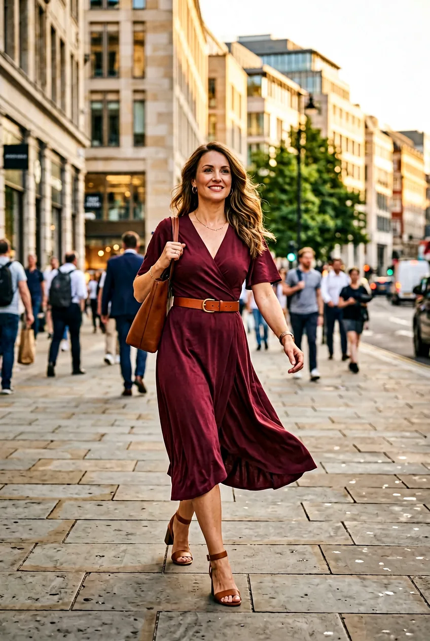 Woman wearing burgundy wrap dress with cognac leather belt and block heel sandals