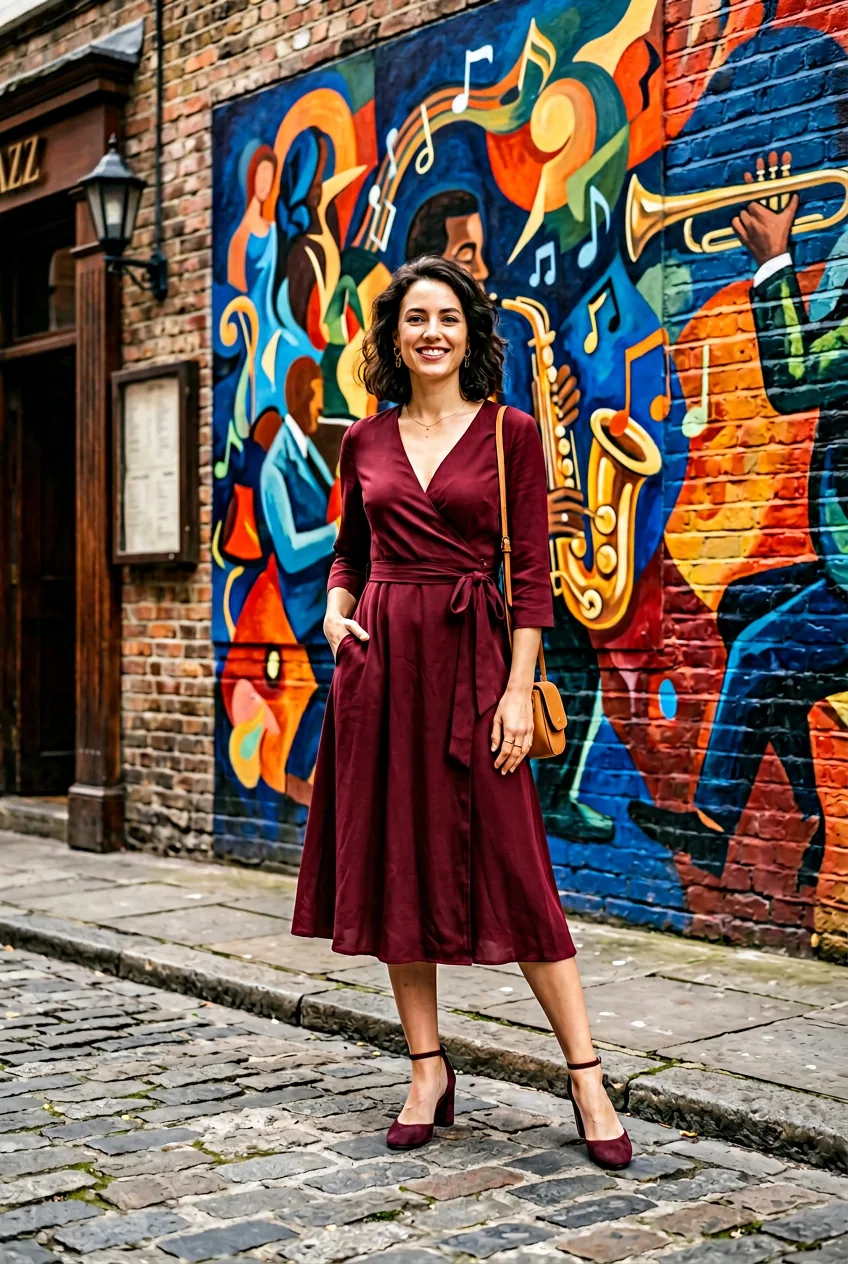 Woman in burgundy wrap midi dress with block heels for jazz evening venue