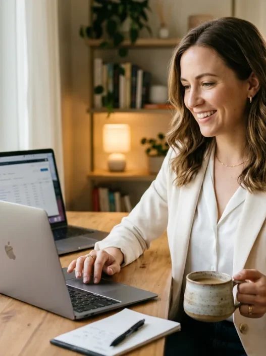 Woman in cream blazer and white blouse seated at home office desk with laptop and coffee mug