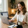 Woman in cream blazer and white blouse seated at home office desk with laptop and coffee mug