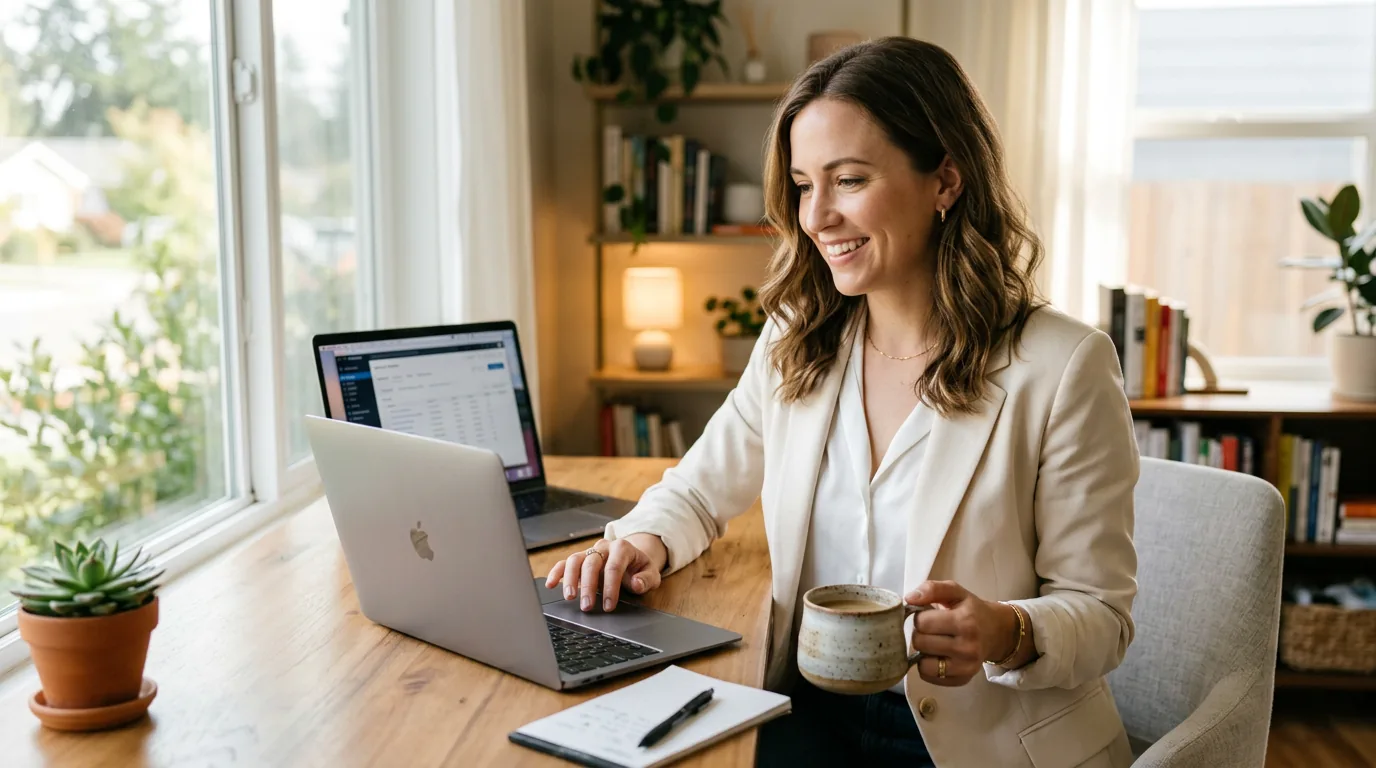 Woman in cream blazer and white blouse seated at home office desk with laptop and coffee mug