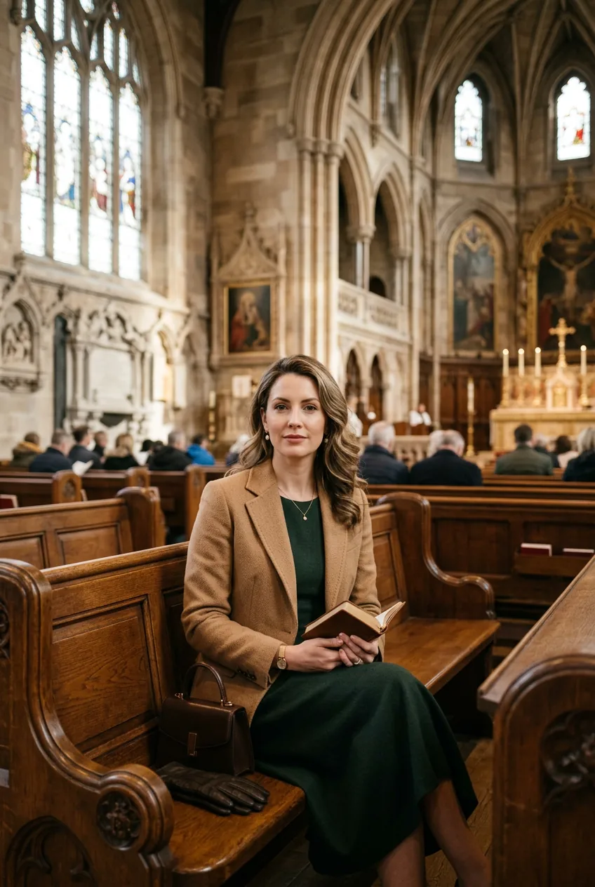 Woman wearing camel wool blazer over dress in elegant church setting with natural window lighting