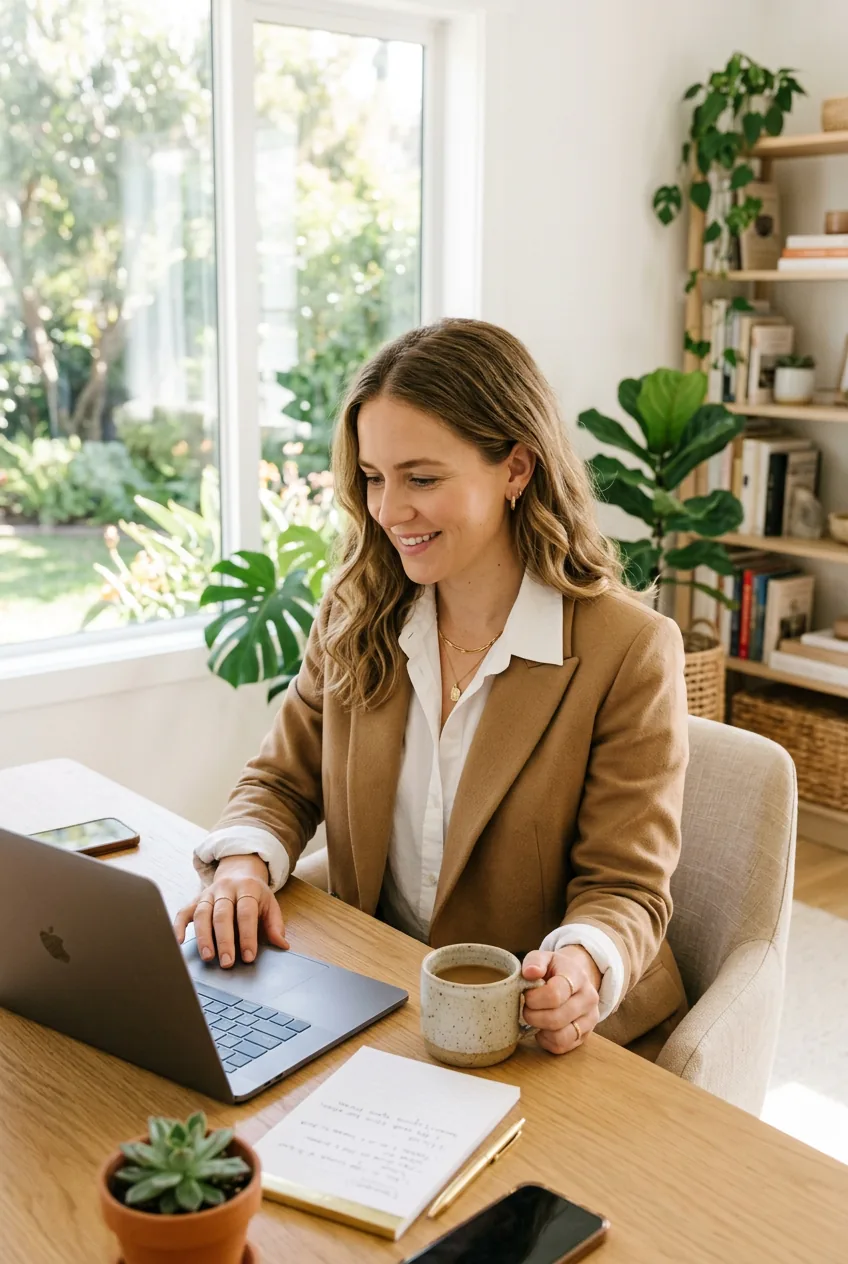 Woman in camel colored blazer over white shirt seated at bright workspace