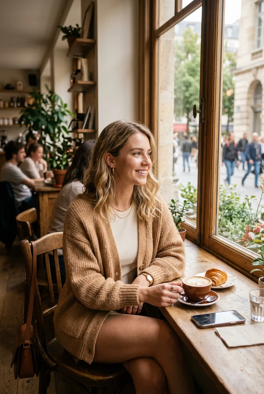 Woman in camel colored cardigan over cream top showing relaxed put-together look