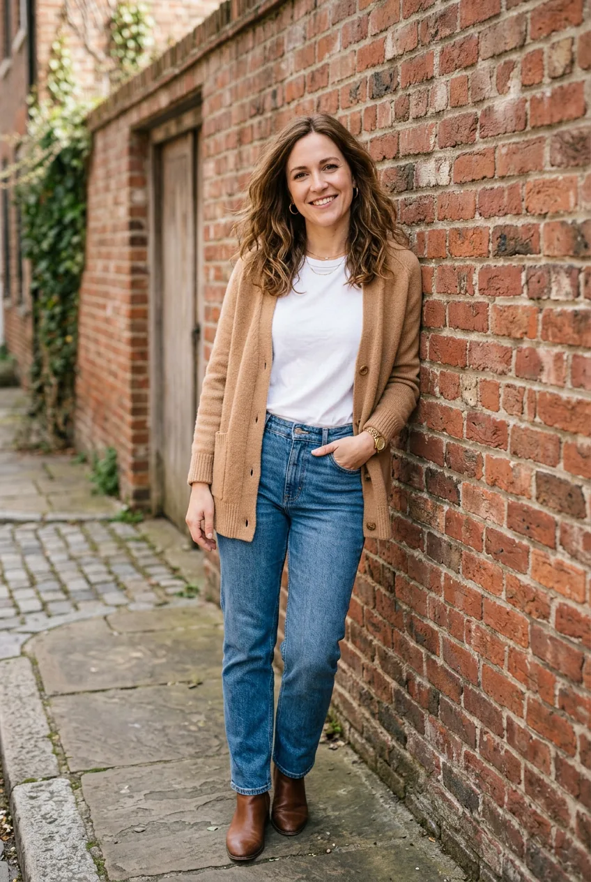 Woman wearing soft knit camel cardigan over white tee with straight-leg jeans for video calls
