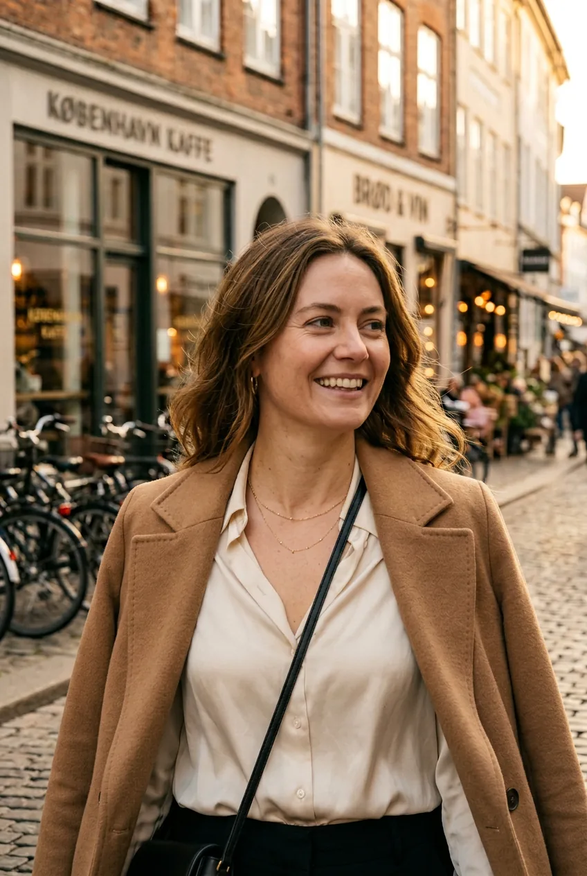 Woman in cream silk blouse with camel coat draped over shoulders walking past Copenhagen storefront