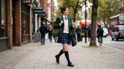 Woman walking on city sidewalk in styled school outfit with soft natural lighting