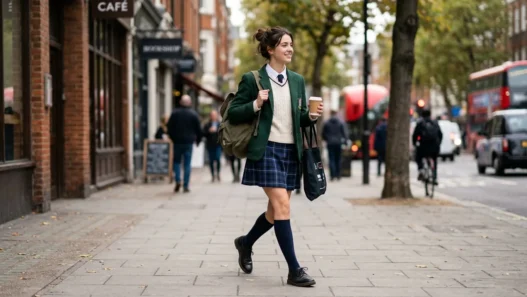 Woman walking on city sidewalk in styled school outfit with soft natural lighting