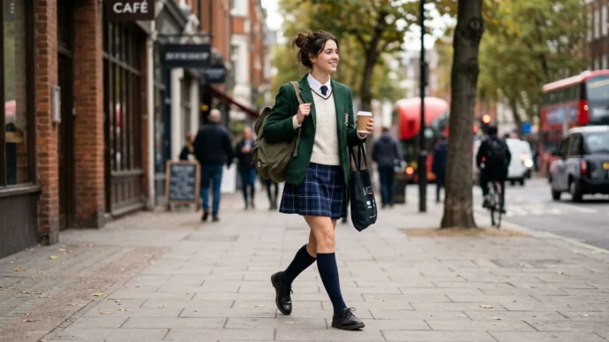 Woman walking on city sidewalk in styled school outfit with soft natural lighting