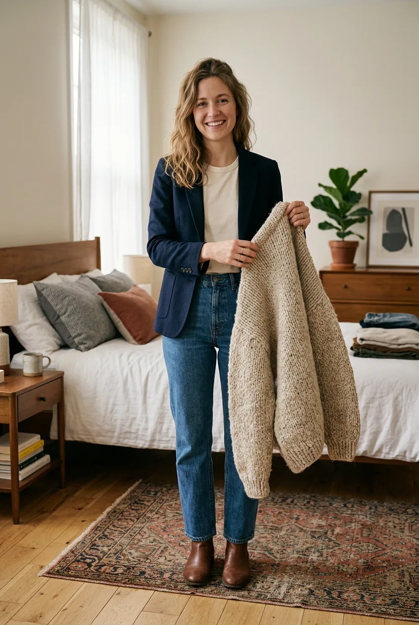 Woman showing chunky knit cardigan as alternative statement piece over basic outfit