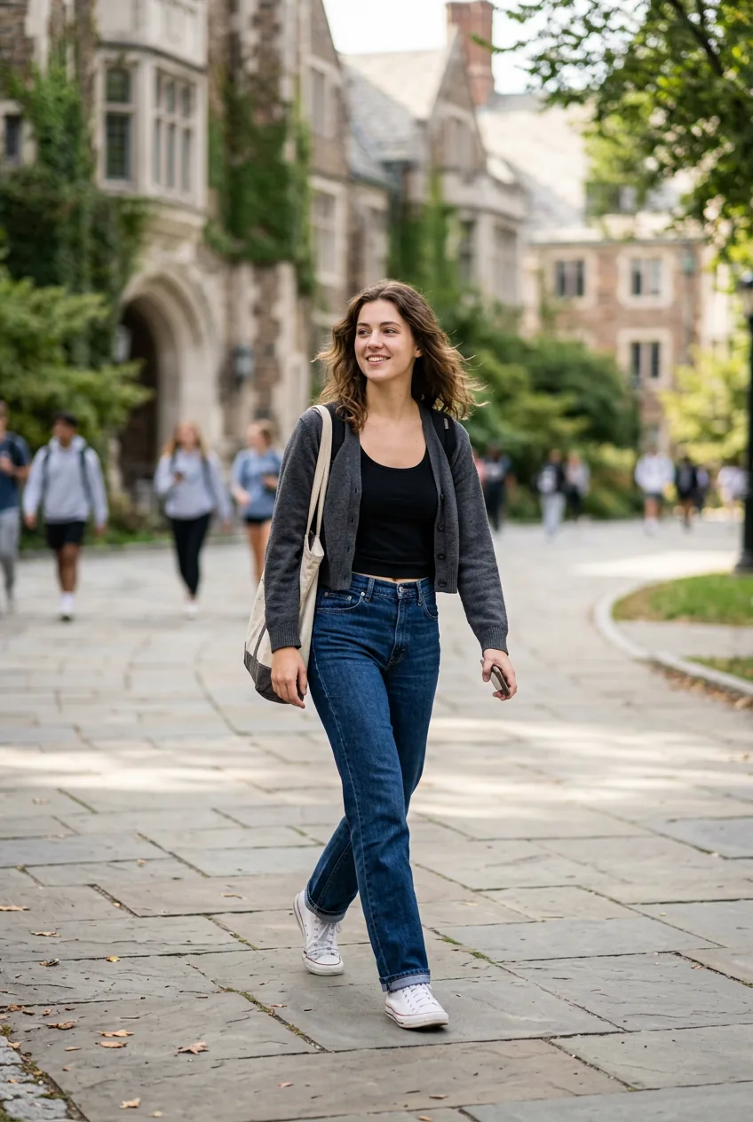 Woman wearing dark wash jeans with cropped cardigan and tank top on university campus