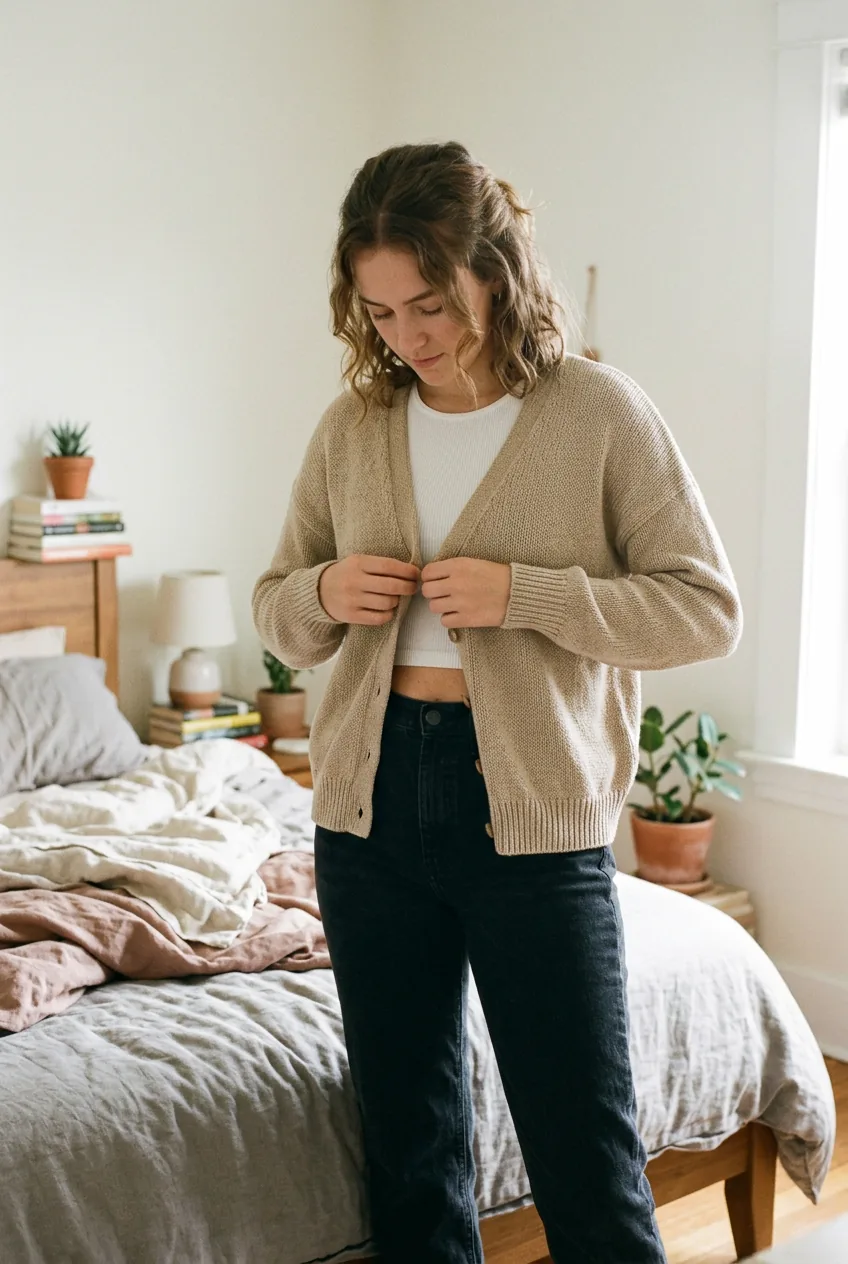 Woman wearing open cardigan over crop top showing balanced proportions at hip level
