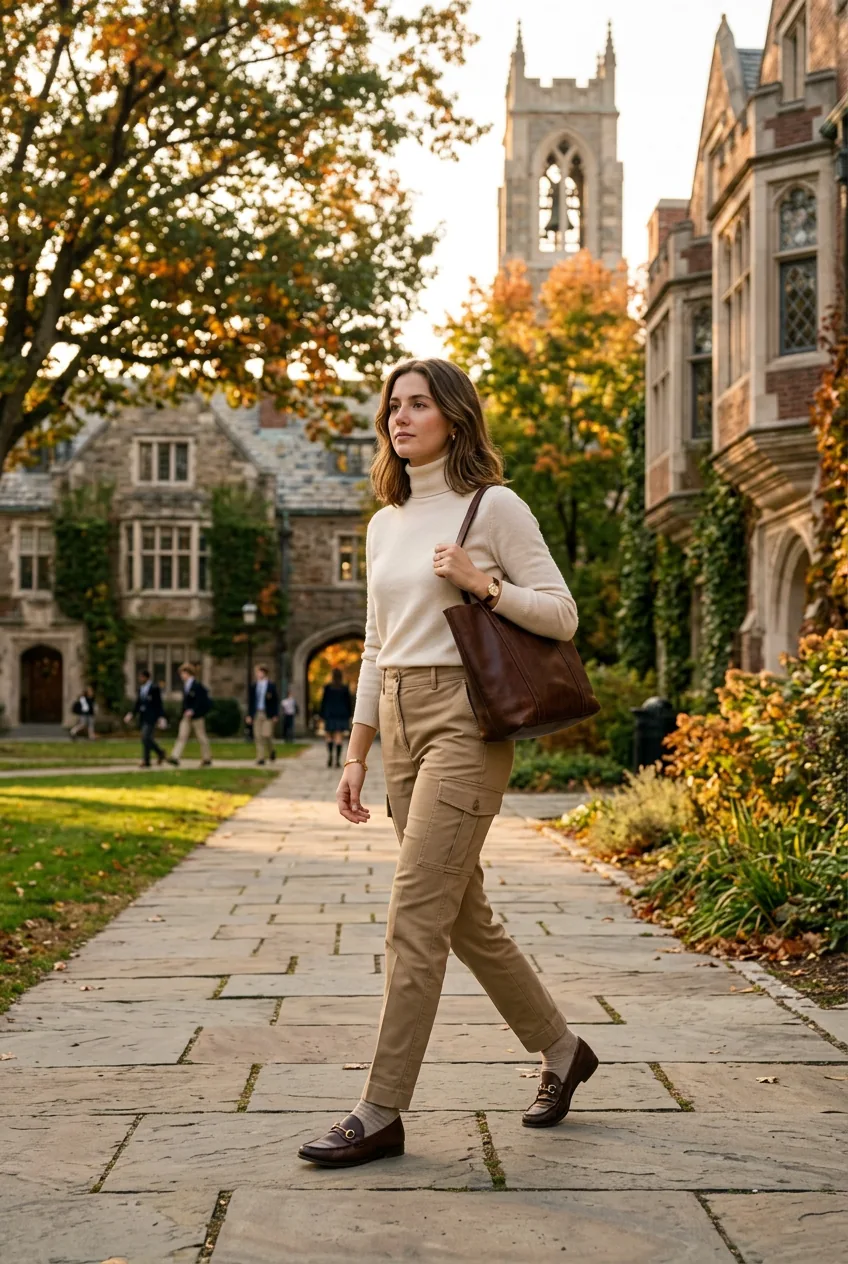 Woman in khaki cargo pants, cream cashmere sweater and loafers in prep school setting
