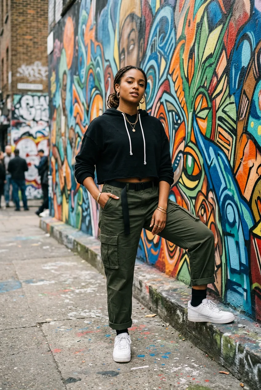 Woman wearing high-waisted cargo pants, cropped hoodie, and white sneakers for hip-hop show