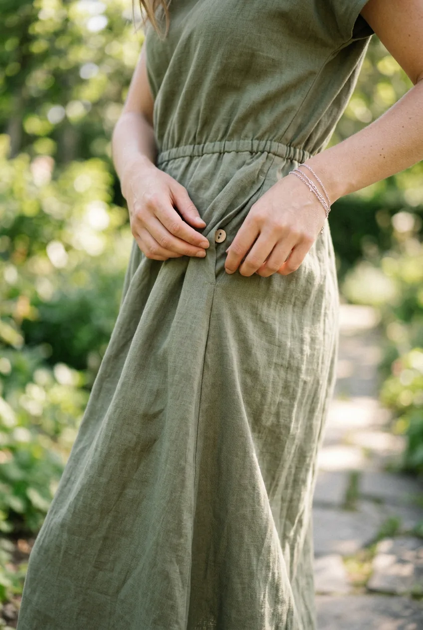Close-up detail of casual frock fabric showing natural drape and comfortable fit on woman