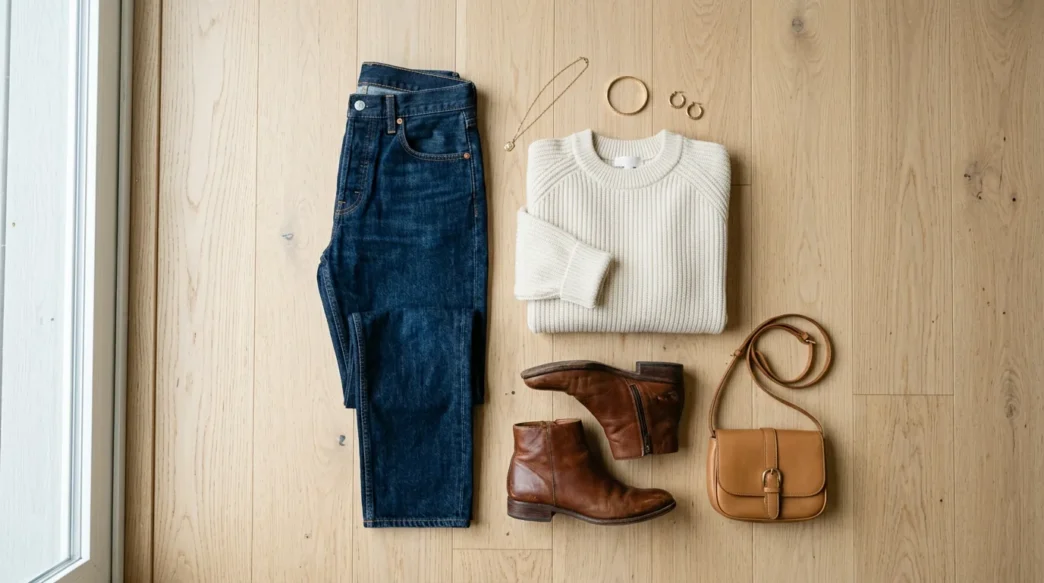 Complete casual outfit flat lay with jeans, cream sweater, ankle boots and crossbody bag arranged on wood floor