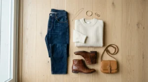 Complete casual outfit flat lay with jeans, cream sweater, ankle boots and crossbody bag arranged on wood floor
