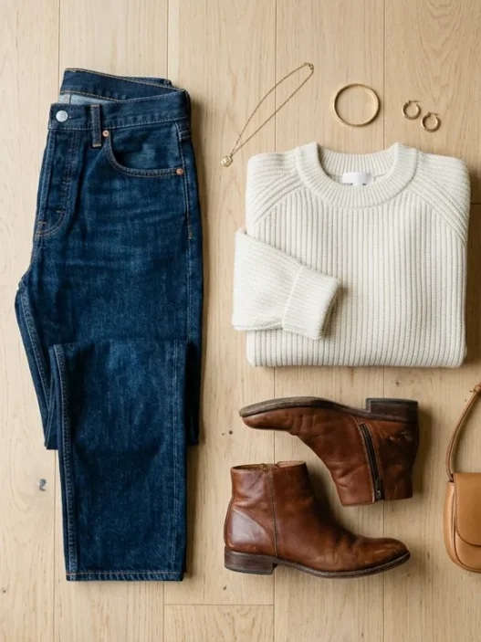 Complete casual outfit flat lay with jeans, cream sweater, ankle boots and crossbody bag arranged on wood floor