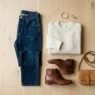 Complete casual outfit flat lay with jeans, cream sweater, ankle boots and crossbody bag arranged on wood floor