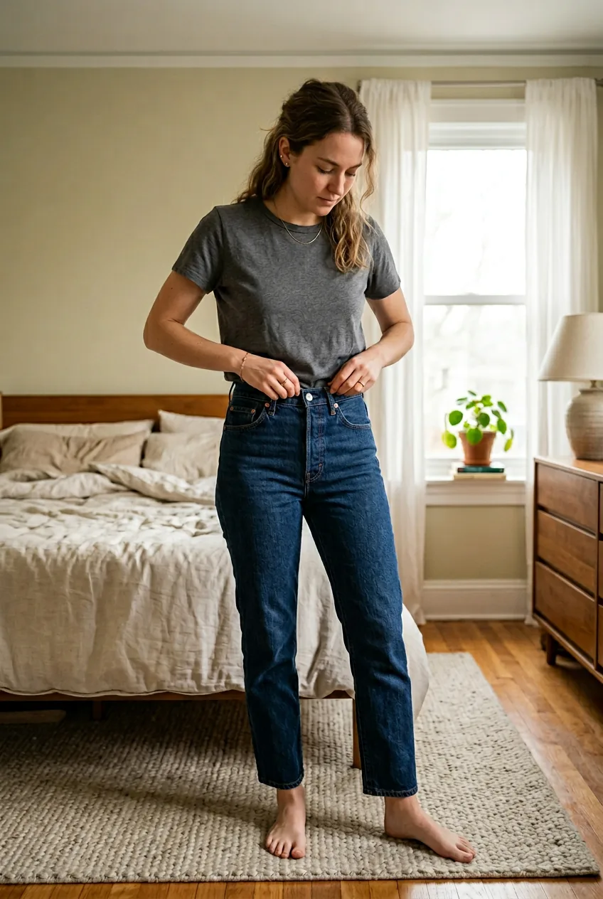 Woman demonstrating casual shirt tucking technique with jeans and basic tee