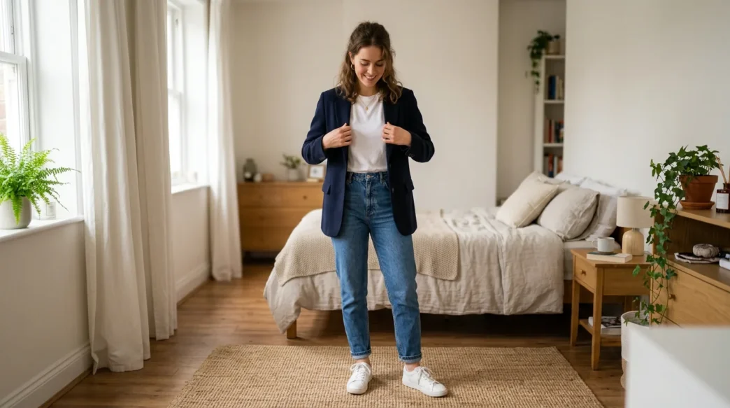 Woman wearing casual university outfit with dark jeans and blazer in softly lit bedroom
