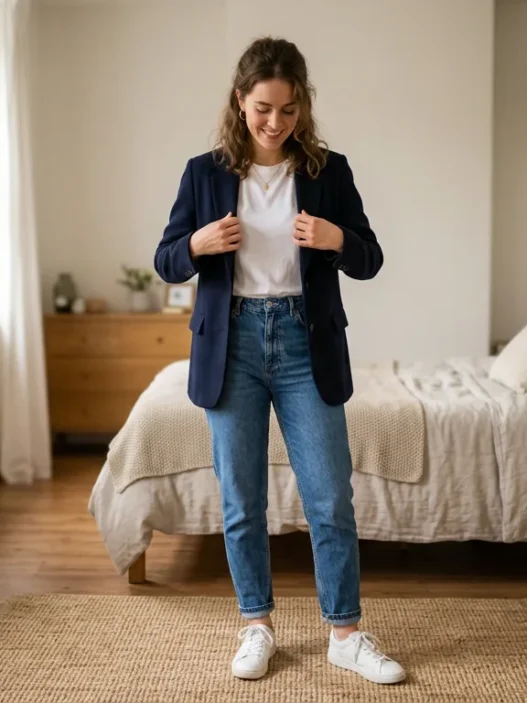 Woman wearing casual university outfit with dark jeans and blazer in softly lit bedroom