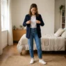 Woman wearing casual university outfit with dark jeans and blazer in softly lit bedroom