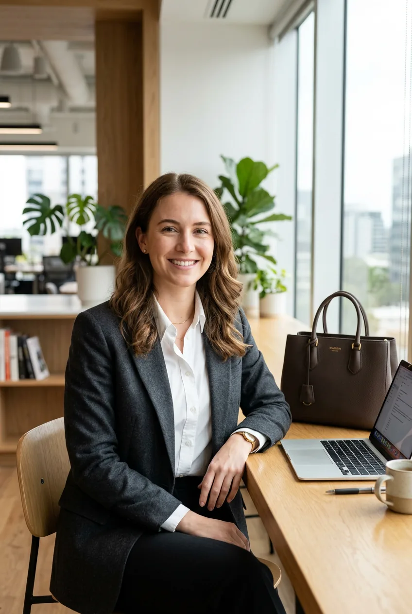 Woman wearing charcoal blazer with white shirt and structured leather bag at organized desk