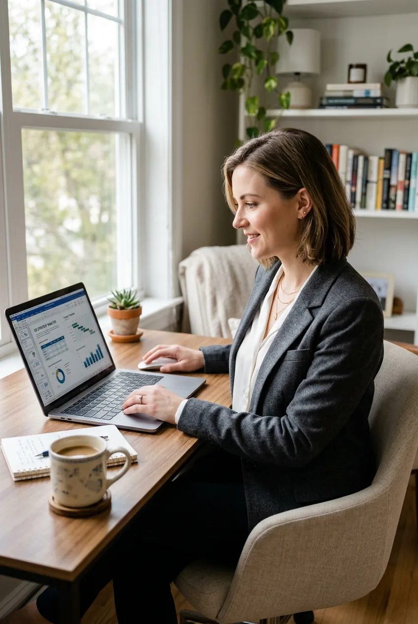 Woman wearing charcoal blazer and white silk blouse at bright home office desk with laptop