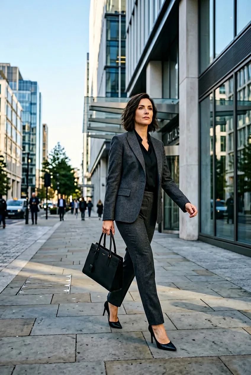 Woman in perfectly tailored charcoal blazer suit with pointed toe heels carrying handbag