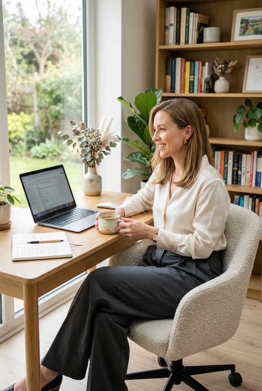 Woman wearing charcoal wide-leg trousers with cream silk blouse at home office