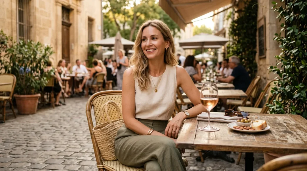 Woman in chic summer outfit seated at outdoor cafe terrace with rosé glass and food plate