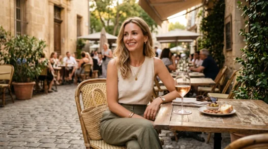Woman in chic summer outfit seated at outdoor cafe terrace with rosé glass and food plate