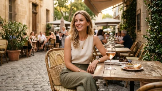 Woman in chic summer outfit seated at outdoor cafe terrace with rosé glass and food plate