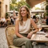 Woman in chic summer outfit seated at outdoor cafe terrace with rosé glass and food plate