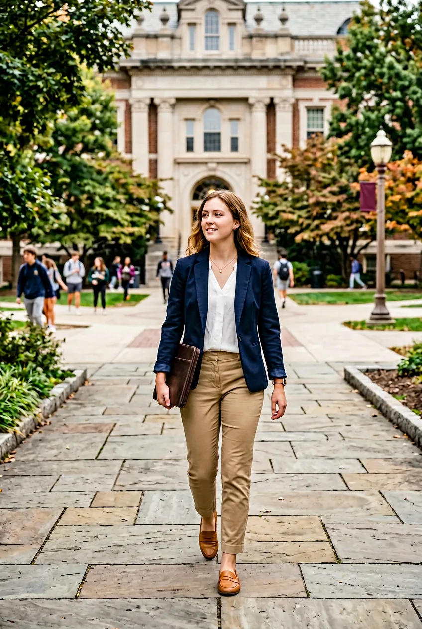 Woman in khaki chinos and blouse with blazer walking toward administrative building