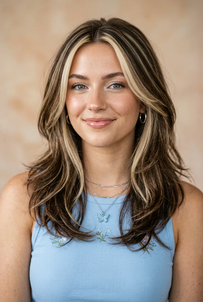 Portrait of woman with subtle chunky highlights and blonde face-framing pieces