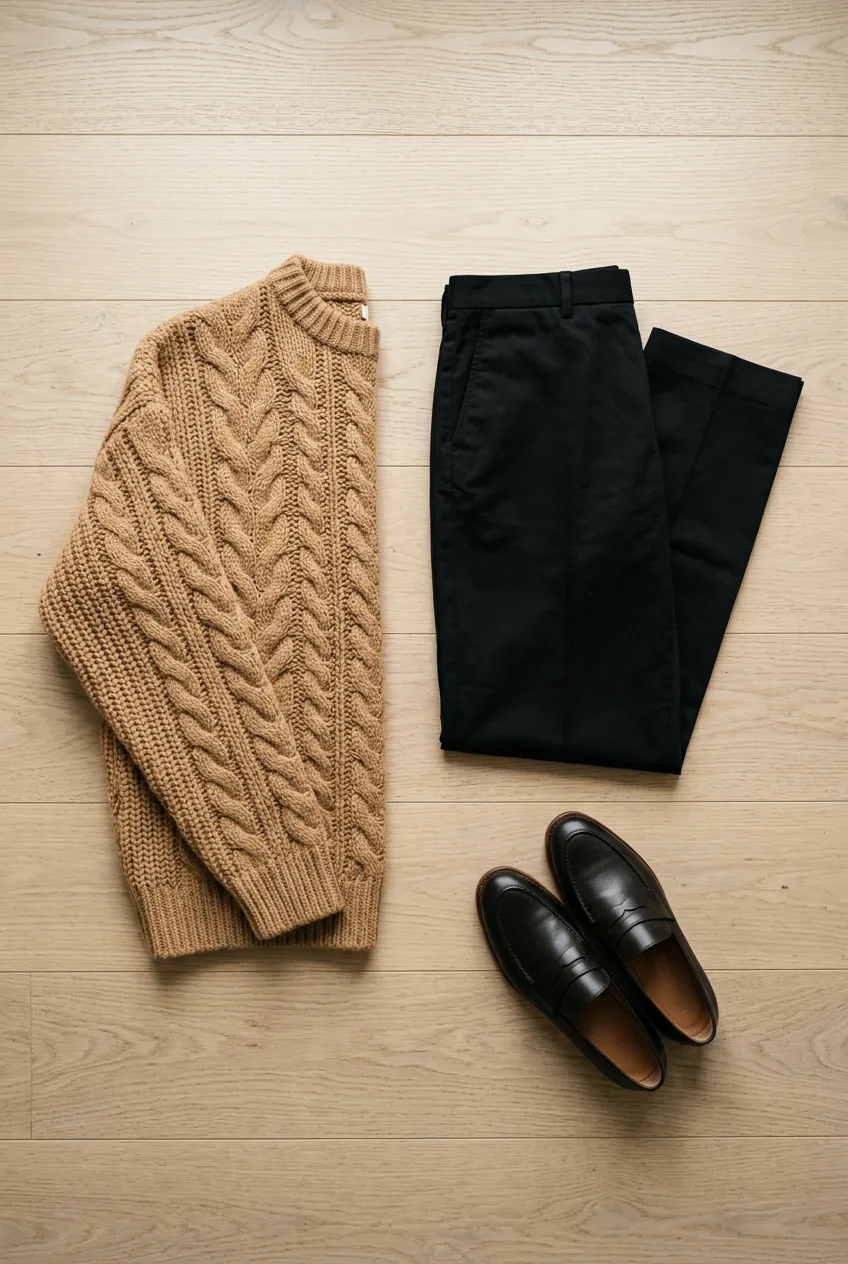 Visual weight balance demonstration with chunky camel sweater paired with sleek black straight-leg pants