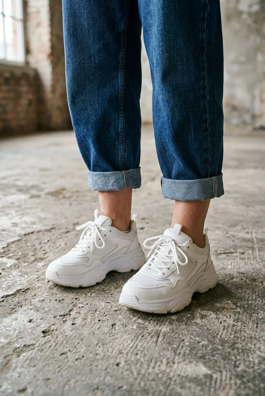Cuffed baggy jeans paired with chunky white sneakers showing balanced shoe proportions