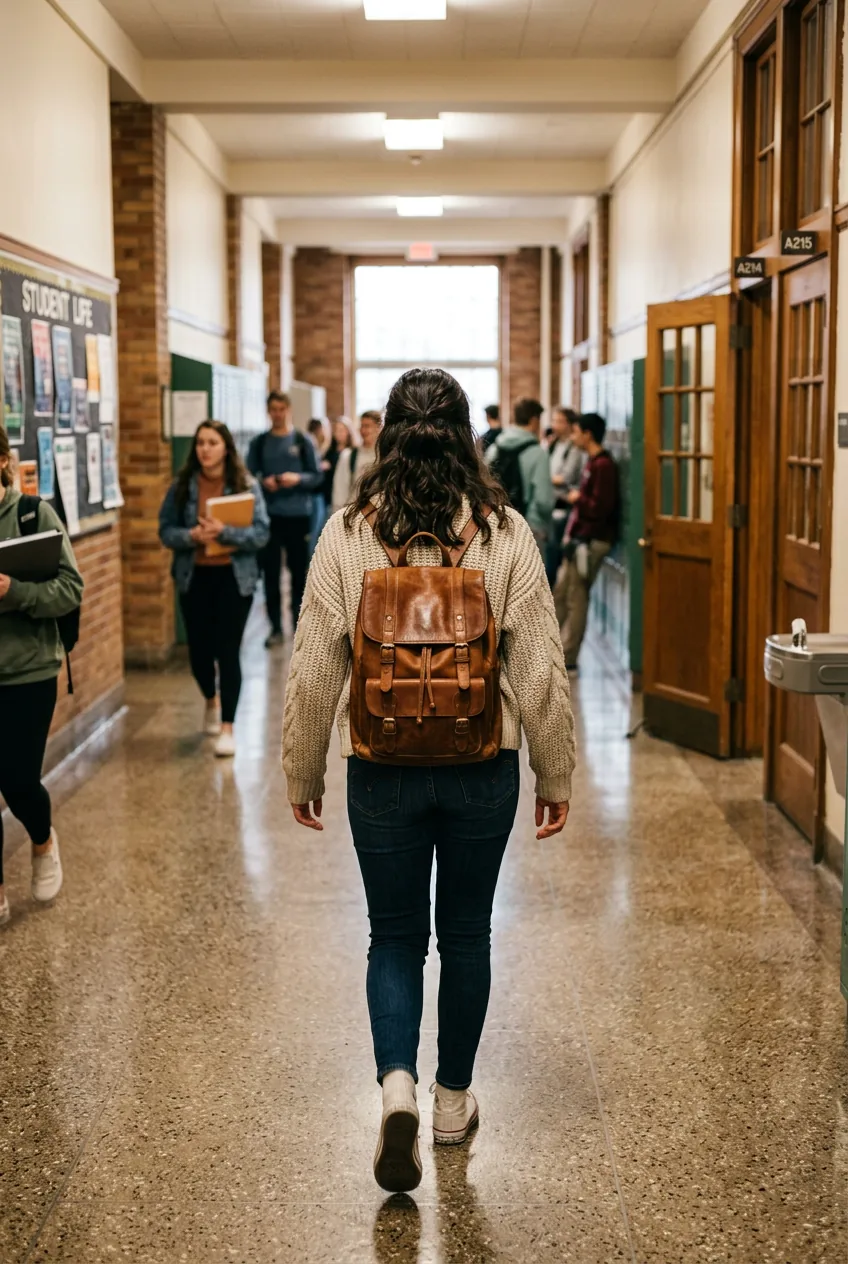 College student in chunky knit sweater with leather backpack in university hallway