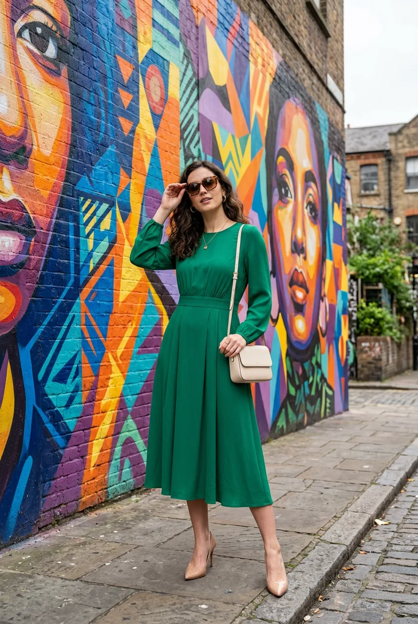 Woman in sophisticated midi dress and heels posed in front of colorful painted street mural