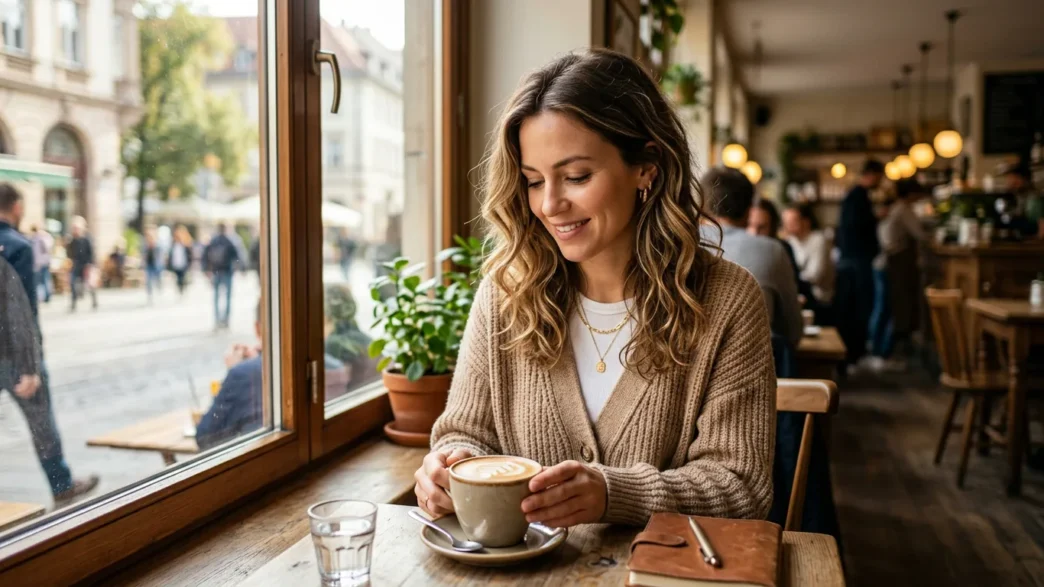 Woman in classy casual uniform outfit seated at sunny cafe window with cappuccino