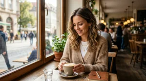 Woman in classy casual uniform outfit seated at sunny cafe window with cappuccino