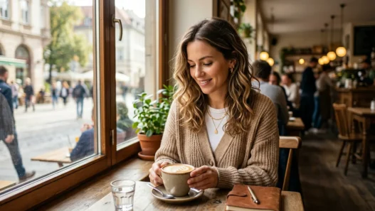 Woman in classy casual uniform outfit seated at sunny cafe window with cappuccino