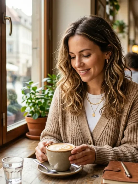 Woman in classy casual uniform outfit seated at sunny cafe window with cappuccino
