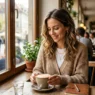 Woman in classy casual uniform outfit seated at sunny cafe window with cappuccino