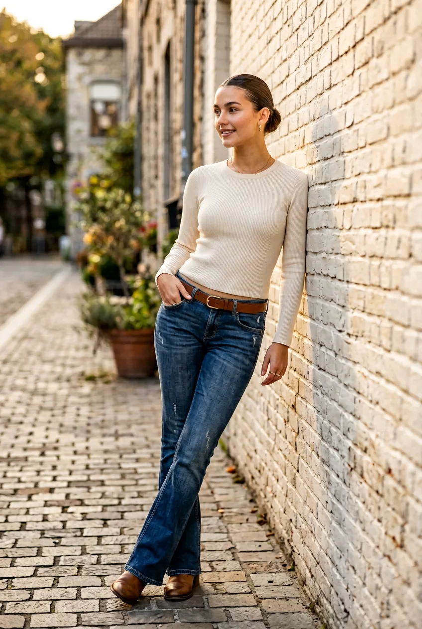 Woman with slicked-back hair wearing low-rise jeans and cream fitted long-sleeve top