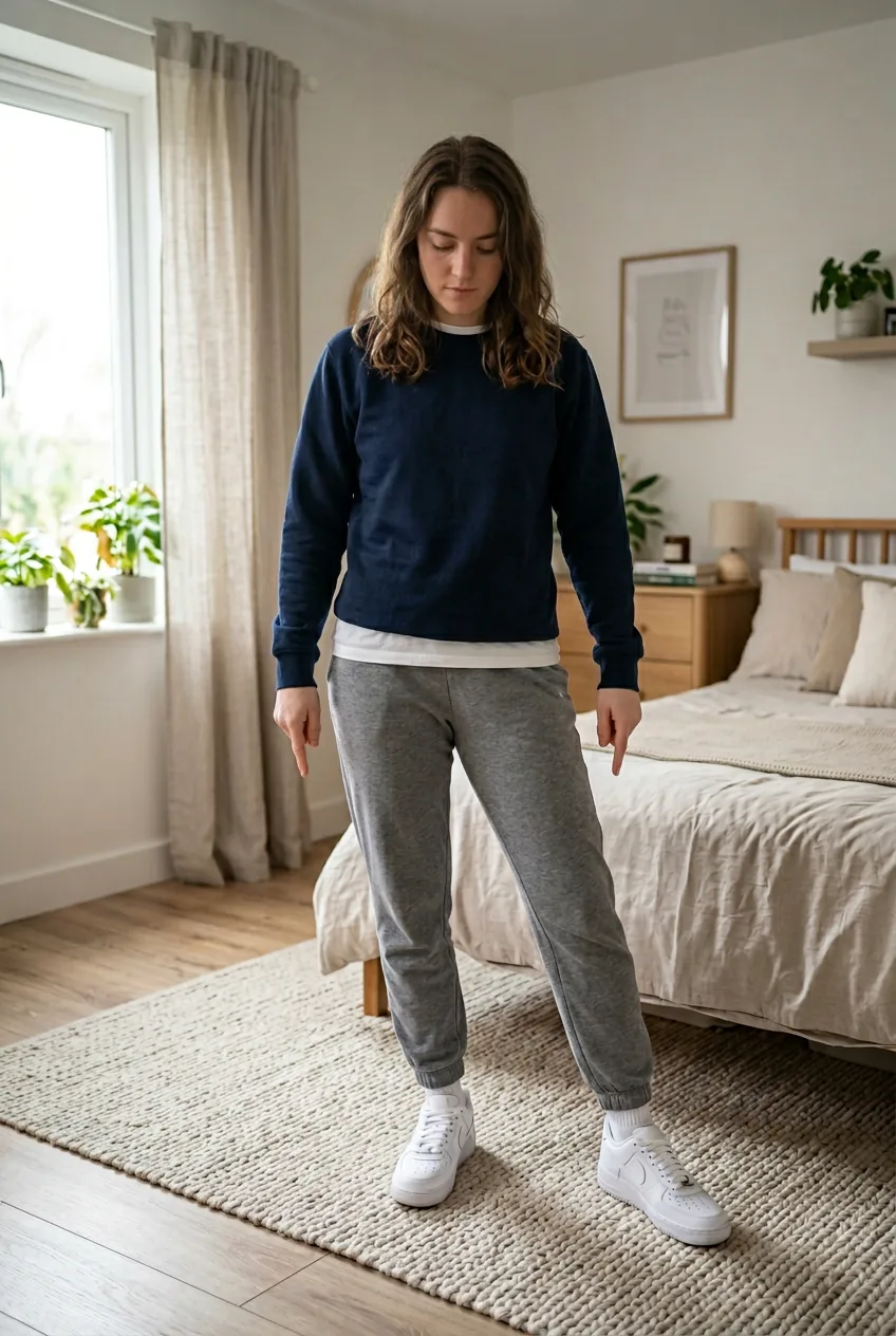 Woman wearing complete university outfit focusing on clean white sneakers and proportions