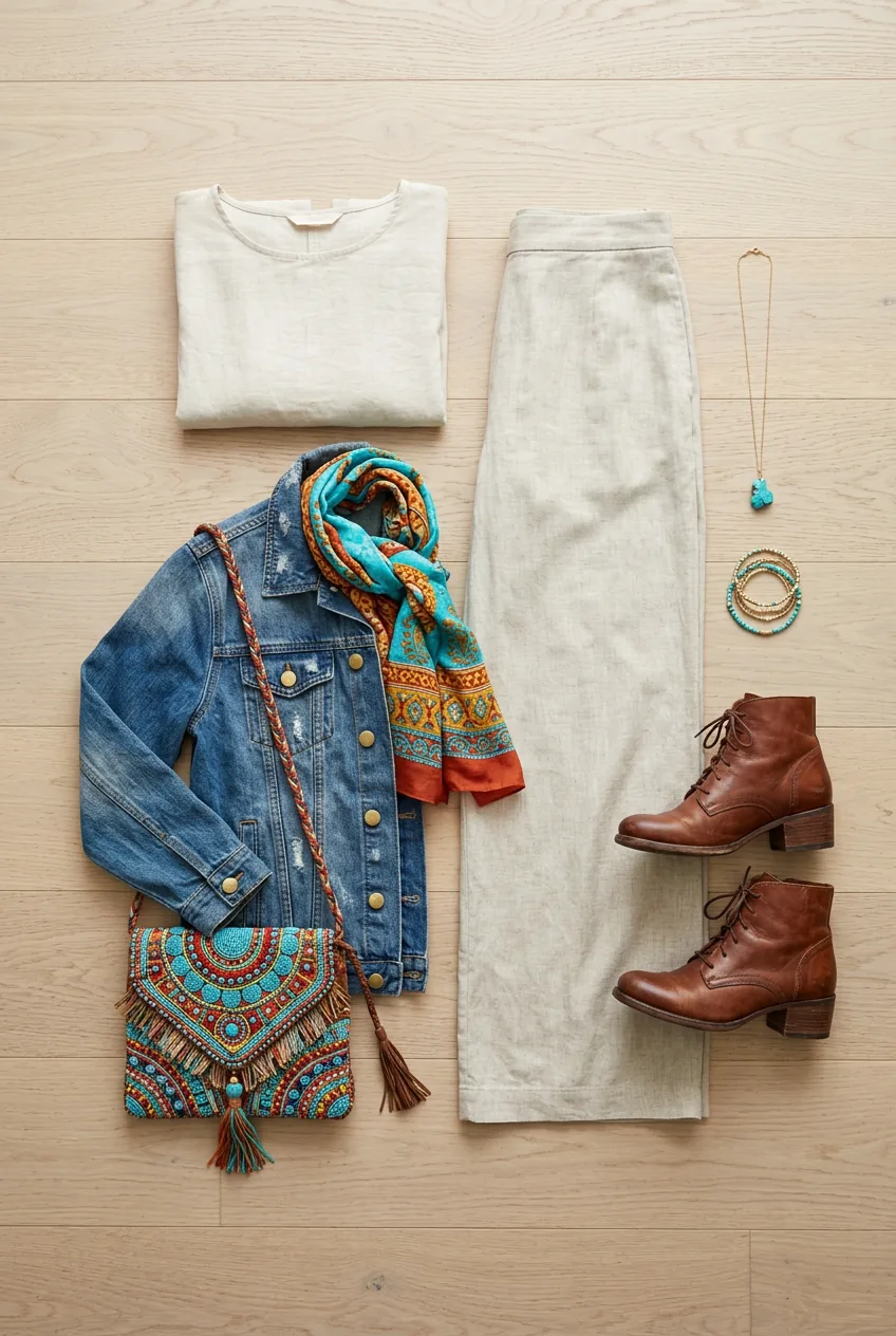 Neutral tunic with denim jacket, wide-leg pants and brown boots featuring bright patterned scarf and vibrant beaded bag accents