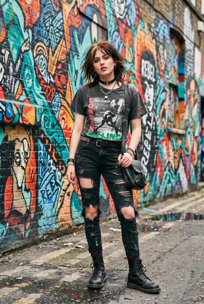 Woman wearing ripped black jeans, vintage band tee, and combat boots for punk show